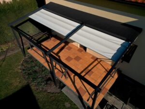 Retractable awning over apartment balcony